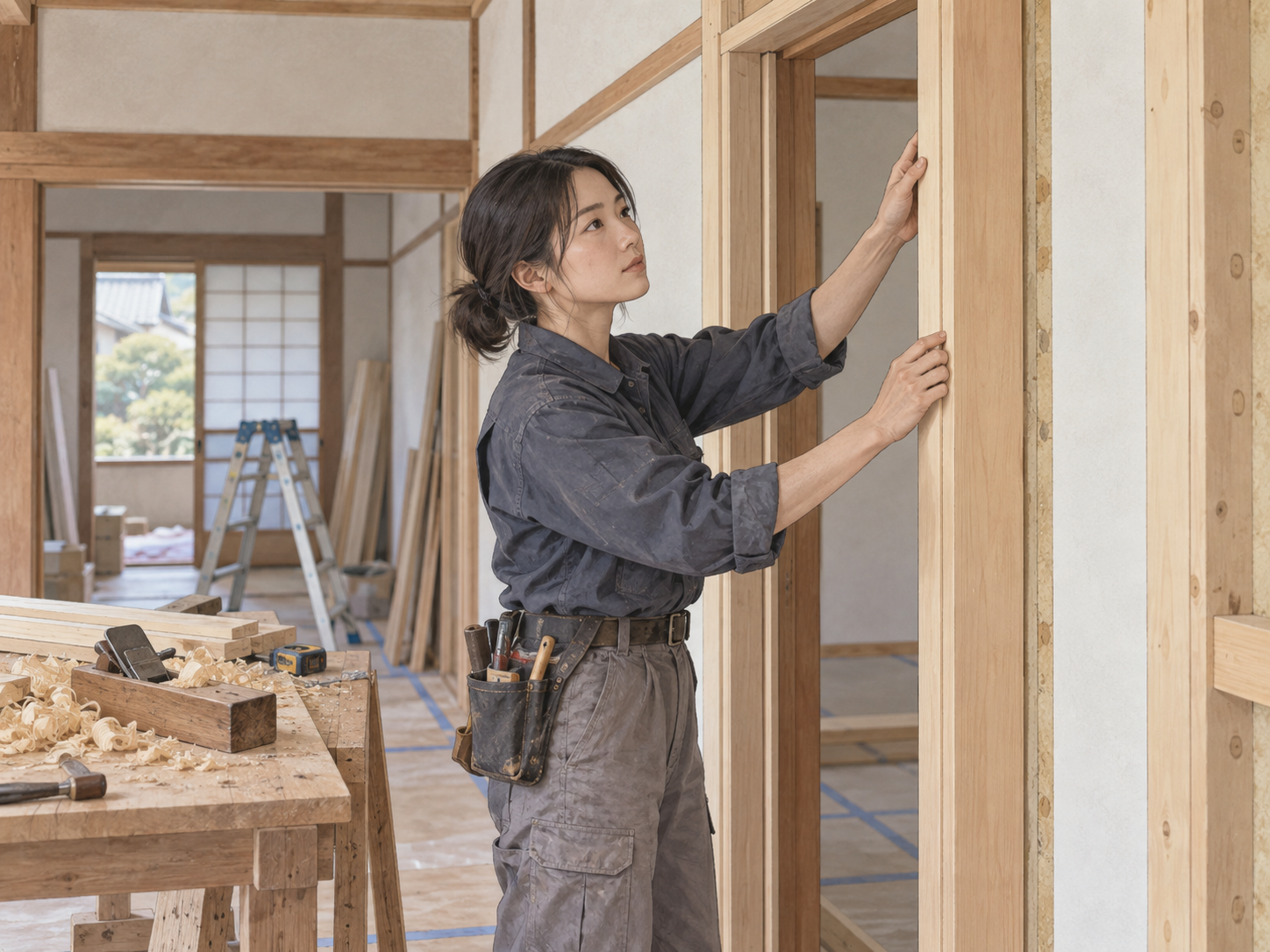 木製の室内建具の枠を取り付ける大工のイラスト