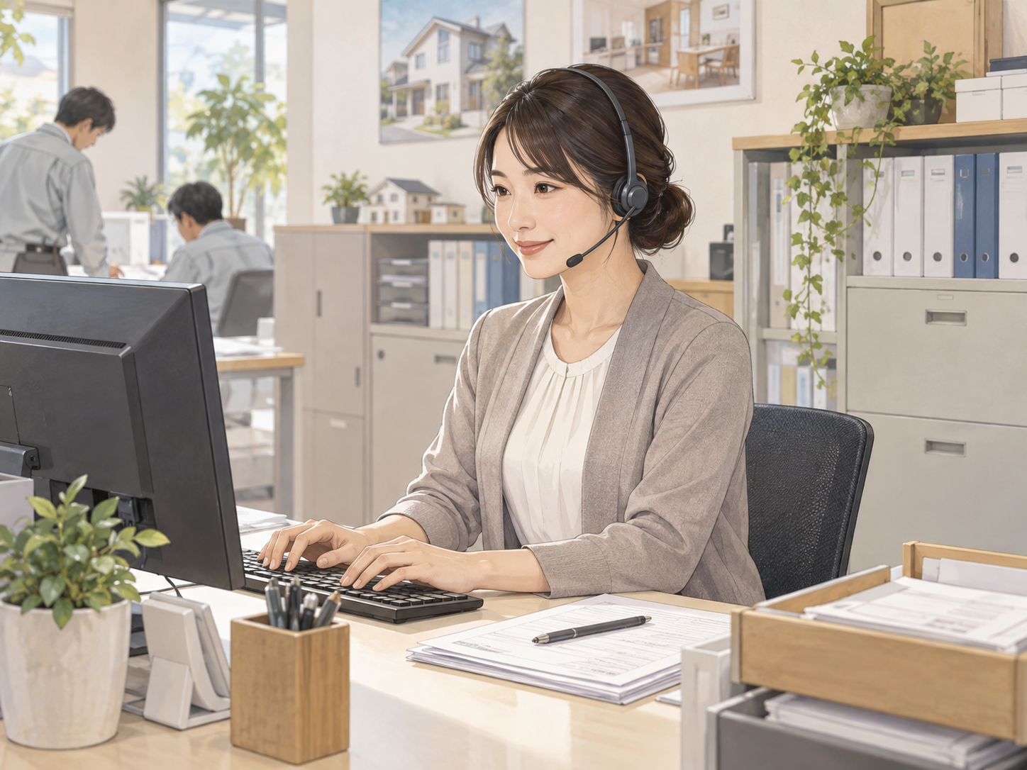 パソコンとヘッドセットで受付対応をする女性事務スタッフのイラスト